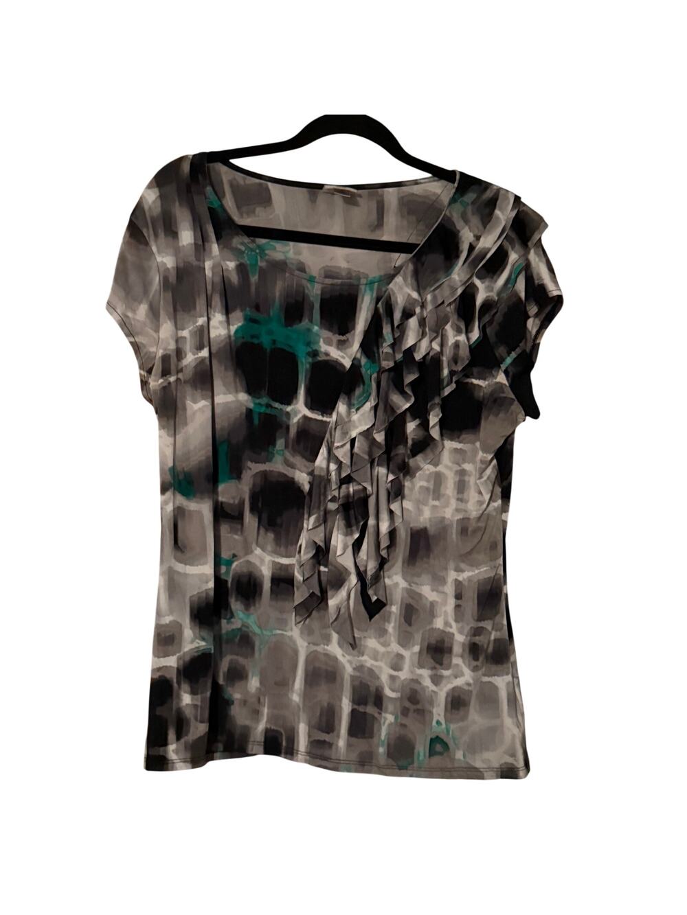 Worthington Stretch XL Gray Black Teal Abstract Print Ruffle Short Sleeve Blouse
